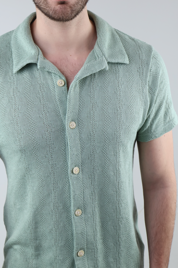 Camisa Hombre Manga Corta Tejido De Punto Verde Manzana Casual Y Fresca